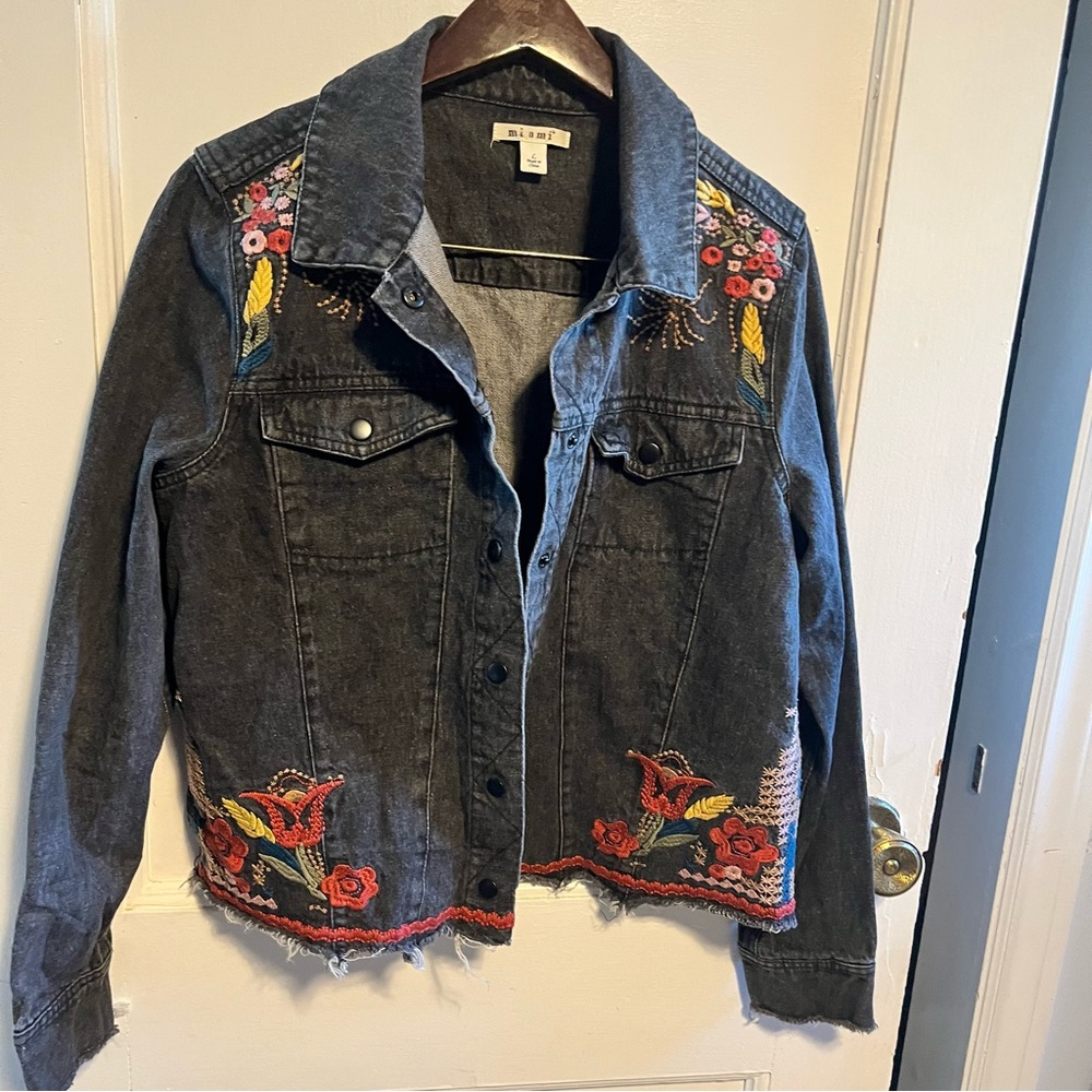 Miami Black Jean Jacket with Artistic floral Embroidery